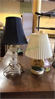 Two vintage bedside lamps, one glass and one has