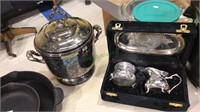 Silverplate ice bucket, creamer and sugar set in