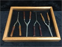 4 Antique Curling Irons in Wood Display Box