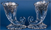 2 Heisey Glass Silver Overlay Cornucopia Vases