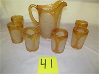 41) IG Marigold / Clear pitcher & 6 glasses;