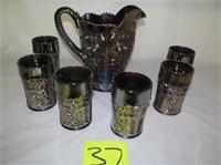 37) Large pitcher & 6 glasses;