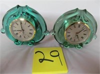 29) 2 Fenton 4" clocks, pair of Green;