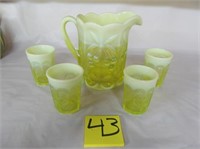 43) Yellow pitcher & 4 glasses, Cherry pattern;