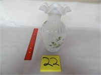 22) White Opalescent vase w/ painted flowers;
