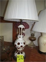 56) Bohemian Cranberry table lamp w/ enameling;