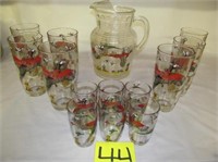44) W. Virginia Glass, Pitcher w/ 6 juice glasses;
