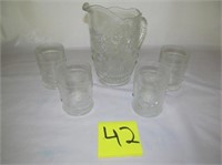 42) Moser pitcher & 4 glasses, Cherry pattern;