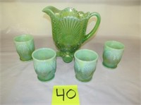 40) Green Opalescent pitcher & 4 glasses;