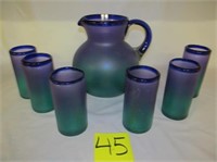 45) Blue to Green Satin Finish pitcher & 6 glasse;