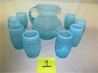 1) Fenton Blue Iridescent Hobnail pitcher & glass;