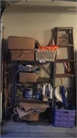 Shelf with contents, ladder, items in corner