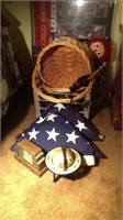 poster, baskets, american flags, and  misc