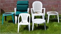 (3) Plastic Patio Chairs & (3) Plastic End Tables