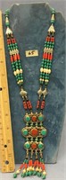 Turquoise, coral, and silver alloy bead necklace