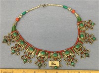 Turquoise and coral silver alloy necklace       (g