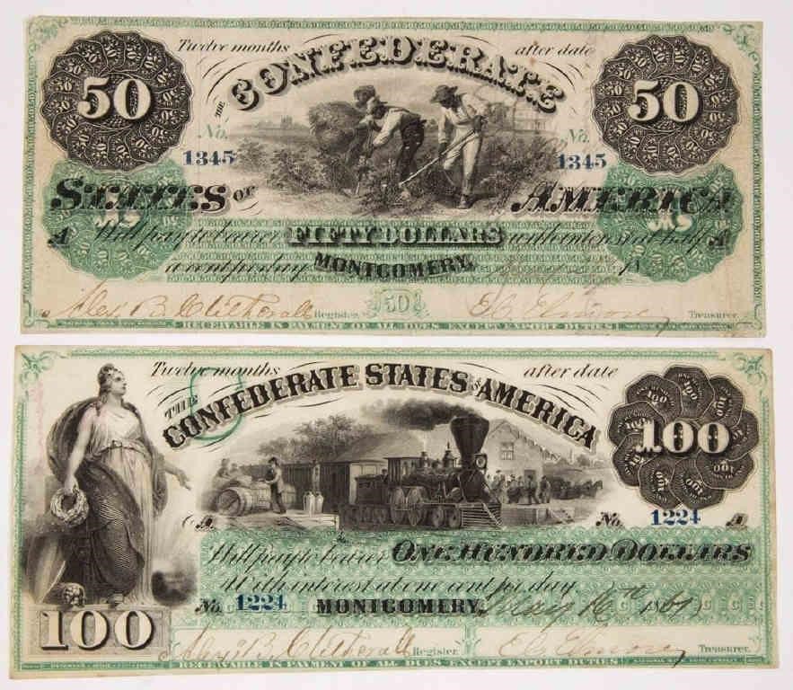 Rare 1861 Confederate Type 3 and 4 Montgomery, AL notes in outstanding condition. Fresh to the market, serial numbers not recorded in Criswell. From a fine estate collection of CSA currency