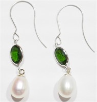14K white gold chrome diopside and natural pearl