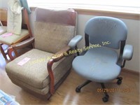 2 Chairs: 1 Brown Cloth Rocking Chair, 1 Blue