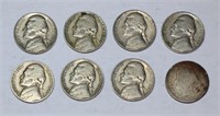 7 Jefferson Nickels and One Liberty V Nickel