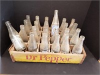 B3- WOODEN DR. PEPPER CRATE WITH GLASS BOTTLES.