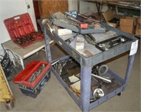 ROLLING CART W/ MISC ITEMS, 3 SM TOOLBOXES, MISC