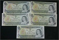 Five 1973 Canada $1 Bills - circulated
