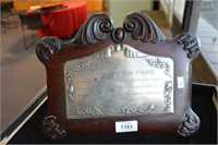 Early silver presentation plaque, mounted on