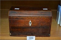 Antique mahogany tea caddy, twin compartment
