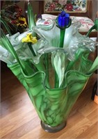 Hand blown glass flowers & vase