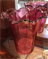 Cranberry Candlewick Vase w/Floral Frog,