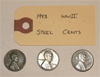 3 US Steel Wheat Back Pennies 1943 WWII