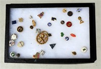 Lot of Collectible Pins in Sm Glass Front Case