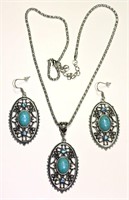 Tibetan Flowers Silver Turquoise Necklace Earrings