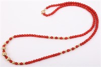 14K YELLOW GOLD & CORAL BEADED NECKLACE
