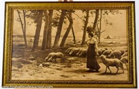 Framed Shepherdess & Sheep Print on Board