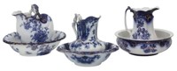 3 Flow Blue Wash Bowls And Pitchers