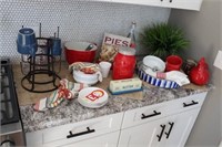 Kitchen decor, bowls, plates, plant, etc