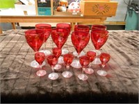 MID CENTURY WINE & SHERRY GLASSES-RUBY RED-ETCHED