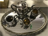Silver Plated Mirrored Tea Tray With 4 Pcs