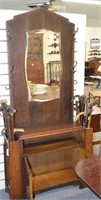 ANTIQUE HALL TREE WITH BEVELED MIRROR,