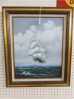 FRAMED OIL ON CANVAS-CLIPPER SHIP 26"T X 22"W