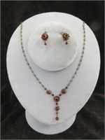 DAINTY NECKLACE AND EARRING SET WITH RED STONES