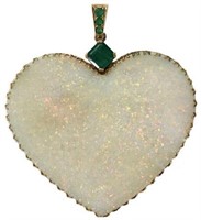 LG. 14K HEART PENDANT WITH HUGE OPAL AND EMERALDS.