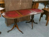 LEATHER INSERT, TWO PEDESTAL, ANTIQUE COFFEE TABLE