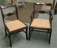 MAHOGANY BOW BACK DINING CHAIRS, ONE ARM CHAIR