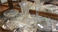 SELECTION OF GLASSWARE: CAKE STANDS, VASES,