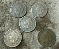 (5) INDIAN HEAD CENTS 1887,1888,1896,1905,1907