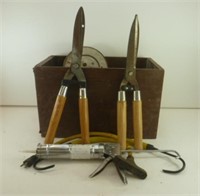 Wood box with shears, files, etc