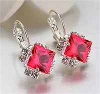 Pink Square Crystal Rhinestone Silver Earrings